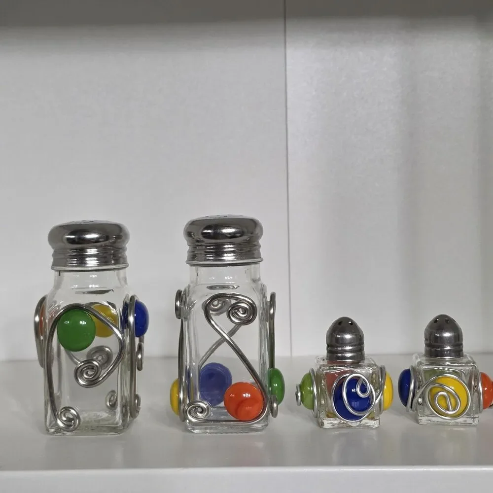 Salt And Pepper Shakers Beaded Glass Blue & Green MCM Design Set Of 4 Art Deco